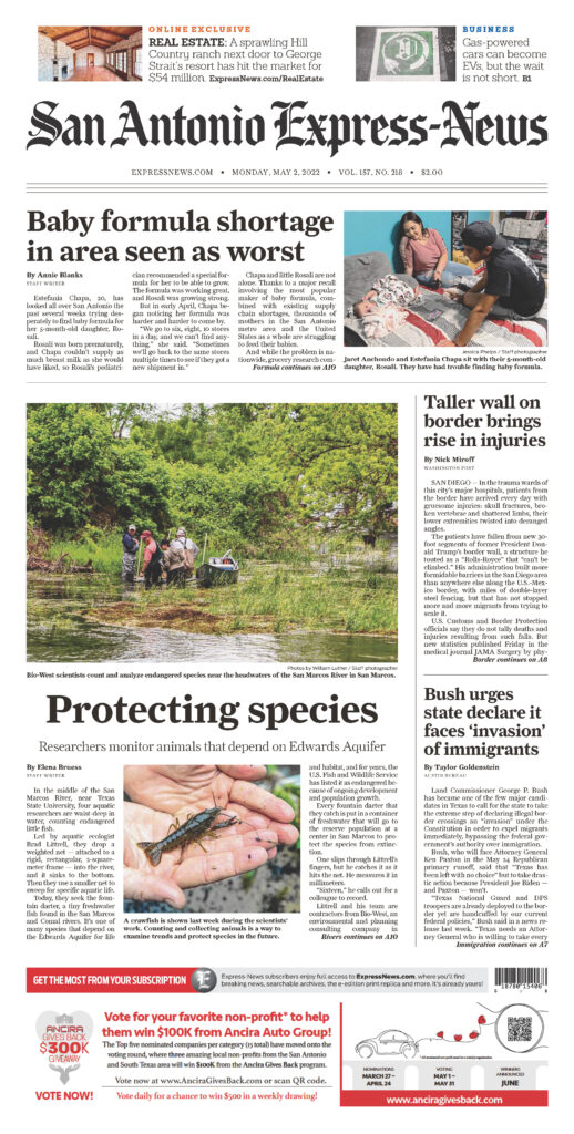Photo is of a newspaper clipping from the San Antonio Express News, dated Monday, May 2, 2022.
The article of focus is Titled Protecting Species and can be found online at the following address: https://www.expressnews.com/news/local/article/San-Marcos-River-Comal-River-conservation-17140382.php